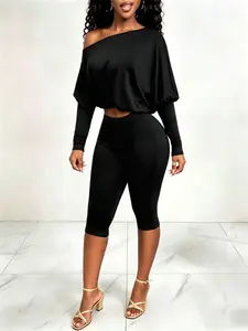 Two-Piece Set Women's Black Off-Shoulder Batwing Sleeve Top & Form-Fitting Capri Pants for outings, dates, gatherings,Date Night and Everyday Wear, Suits Chic Womenswear Top