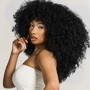 16Inch Curly Wigs for Black Women Black Afro Bomb Curly Wig with Bangs Synthetic Fiber Glueless Long Kinky Curly Hair Heat Resistant Wig