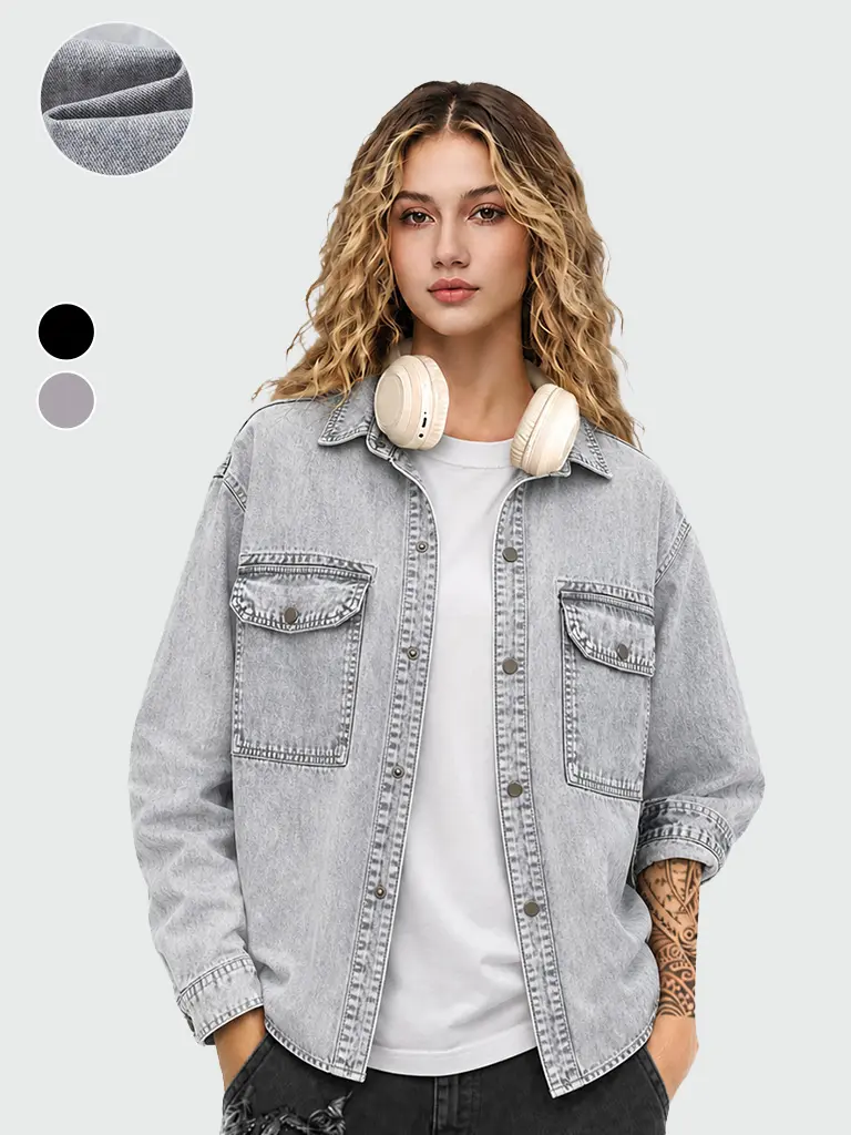 Y2K Vintage Distressed Cotton Denim Jacket with Button Front and Pockets, Long Sleeve, Black Color, Casual Style