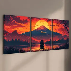 Wooden Framed Canvas Painting, 3 Counts/set Natural Landscape & Samurai Pattern Wall Art, Modern Art Wall Decor for Home Living Room Bedroom Office, Modern Home Decoration
