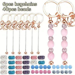 6 Set Beadable Keychain Bars Bulk with 40 Colorful beads Including 6 Beaded Keychain And Colorful Leather Keychain Tassels For Jewelry Making Bracelet DIY Jewelry Pendant Accessories Bag Charms Clip