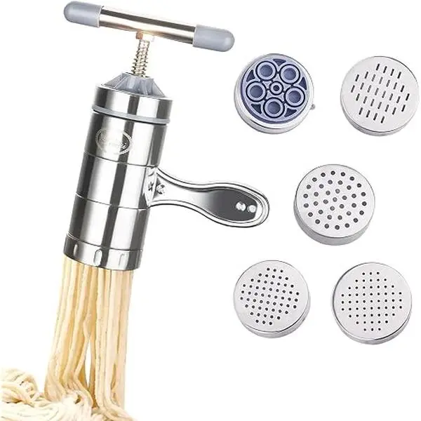 Stainless Steel Manual Noodles Press Machine Pasta Maker with 5 Noodle Mould