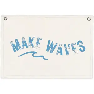 Coastal Beach Room Decor – Make Waves Linen Canvas Banner, Surf Wall Hanging Flag, Nautical Ocean Theme Sign for Boys Room, Teen Bedroom, Playroom, 20x30 Inch