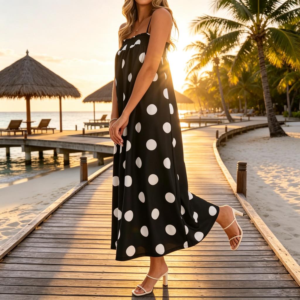 Wodubu Women's Casual Polka Dot Maxi Dress - Lady's Fashionable, Comfortable Spaghetti Strap Smocked Loose Beach Vacation Dress with Pockets