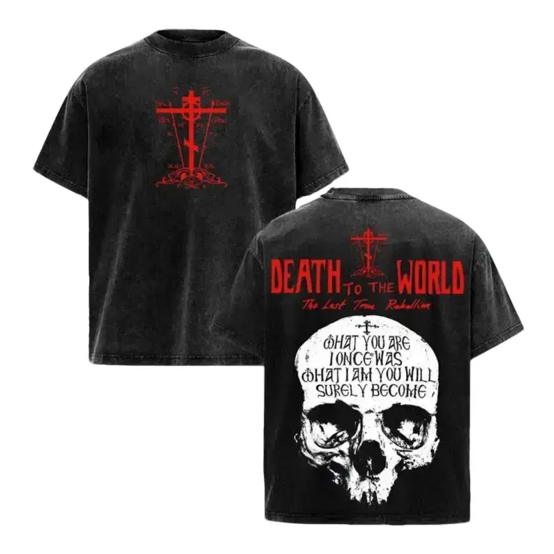 Men's Unisex Round Neck Short-Sleeve Death To The World Graphic T-Shirt - Vintage Acid Wash, Oversized Gothic Skull, Dark Aesthetic Streetwear Merch, Tops, Premium Fabric