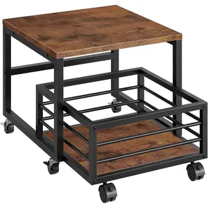 End Table, Mini Fridge Stand with Storage, Mini Fridge Cabinet with Wheels and Adjustable Feet, Sturdy Metal Frame, for Living Room, Bedroom, Office, Rustic Brown and Black BF155TL01