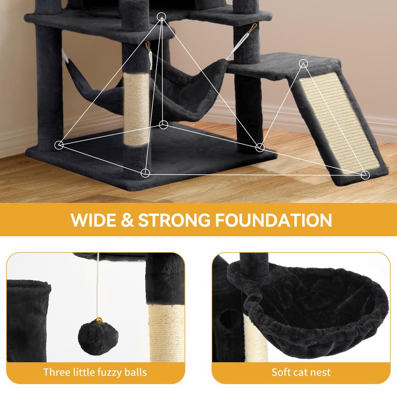 DWVO Tall Cat Tree Tower for Indoor Cats, 75in Multi-Level Cat Climbing Tower with Cat Condos, Top Perches, Hammock, Sisal Scratching Posts and Board, Kittens Play Activity Center