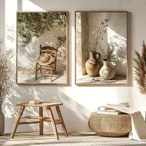 2pcs Vintage Olive Tree Straw Chair Canvas Poster Vase Mediterranean Landscape Wall Art Modern Living Room Home Decoration Unframed Decorative Print Painting