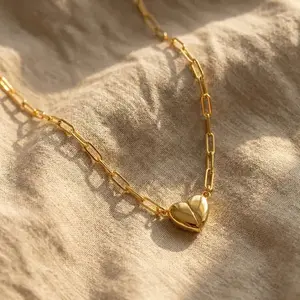 Dainty Heart Pendant Necklace, 14k Gold Plated Paperclip Choker for Women, Minimalist Love Chain, Daily Stackable Jewelry, Sweet Gift for Women