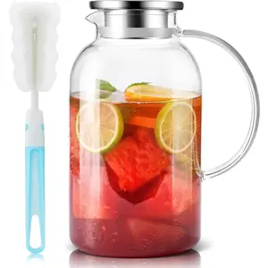 2.2 Liter 75oz Glass Pitcher with Lid, Easy Clean Heat Resistant Glass Water Carafe with Handle for Hot/Cold Beverages - Water, Cold Brew, Iced Tea & Juice, 1 Long-Handled Brush Included