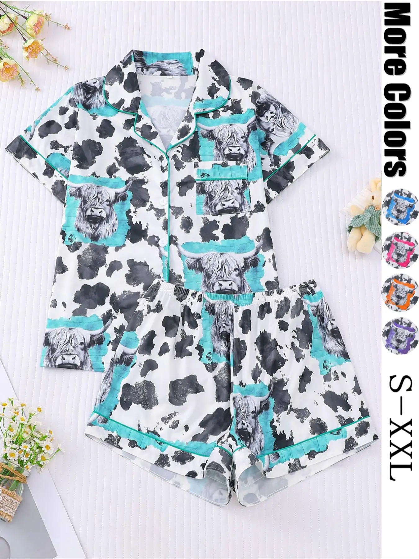 Women's All Over Cow Print Lapel Neck Top & Shorts Pyjama Two-piece Set, Casual Comfy Short Sleeve Button Up Top & Shorts PJ Set, Ladies Sleepwear for