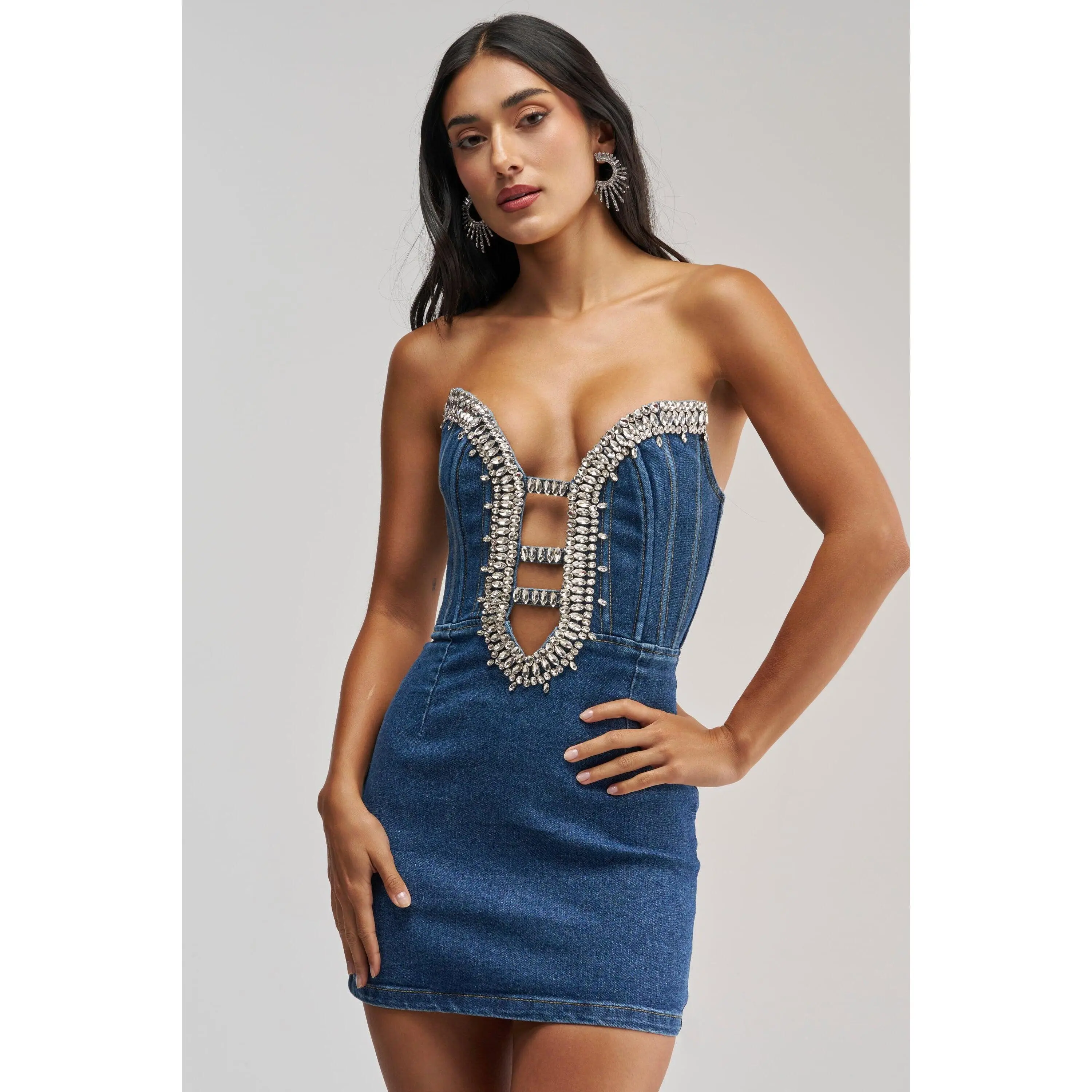 FEELIN THE LOVE RHINESTONE DENIM MINI DRESS