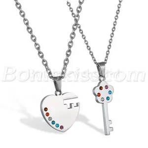 Couples Stainless Steel Heart Key Rainbow Lesbian Gay Pride Pendant Necklace
