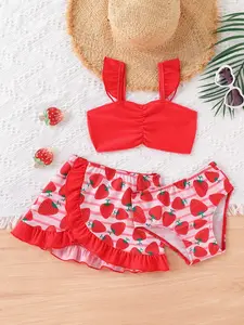 Girls' Three-Piece Tankini Set, Cute Floral Print, Hot Spring Beach Swimwear Sets, Vacation Swimsuit, Summer Fashion