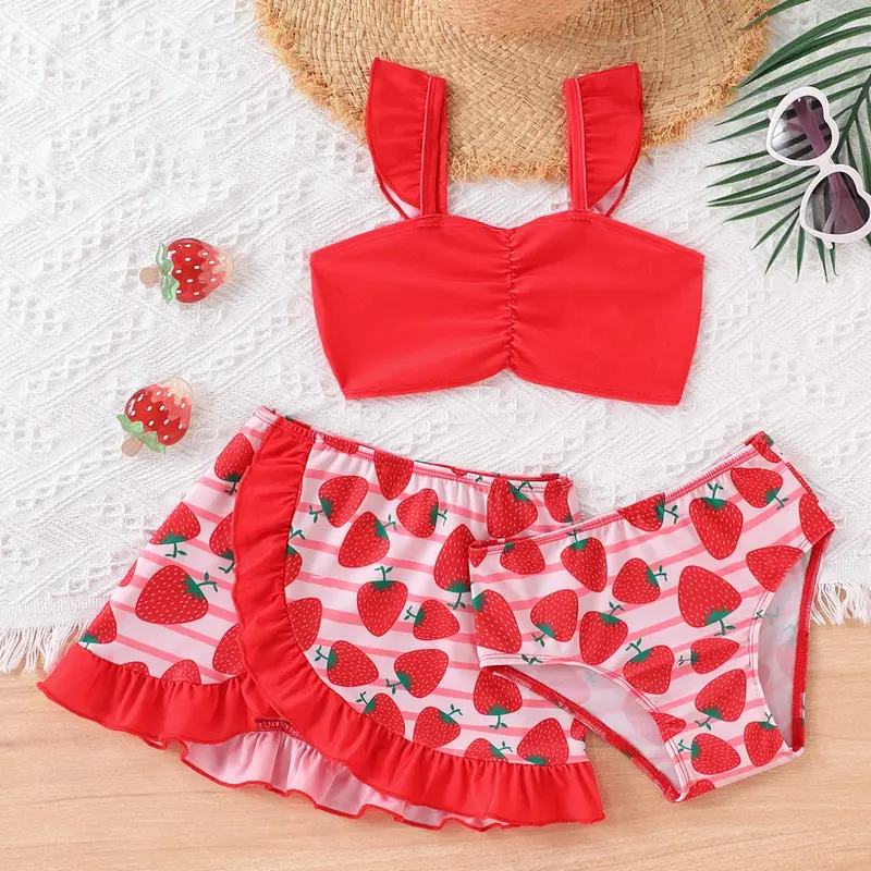 Girls' Three-Piece Tankini Set, Cute Floral Print, Hot Spring Beach Swimwear, Vacation Swimsuit, Summer Fashion, Patterned Swimsuit, Childrens Swimwear