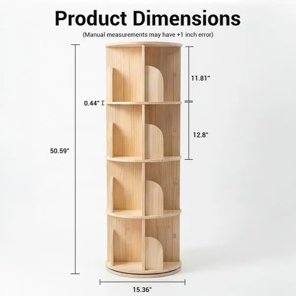 Stable 4-Tier 360° Rotating Natural Wooden Freestanding Bookshelf - Circular Base Open Shelves, Round Modern Living Room Furniture, Ideal for Books, Collectibles, Room Decor, Four-Tier Living Room Furniture
