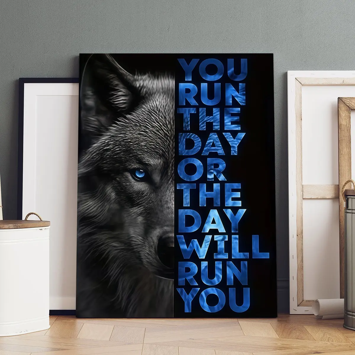 1 Count wooden frame canvas, control the daily energy wind incentive poster, blue eyes black Wolf inspirational slogan decoration poster, fashion home art wall decoration, modern living room and bedroom decoration, exquisite gifts