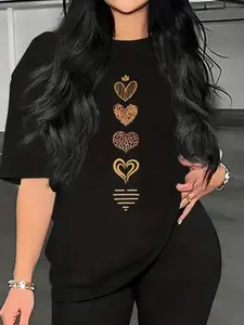 Women's Heart Print SS T-Shirt: Crew Neck Loose Fit, Moderate Thick Fabric, Breathable Non-Sweaty, Versatile For Commute