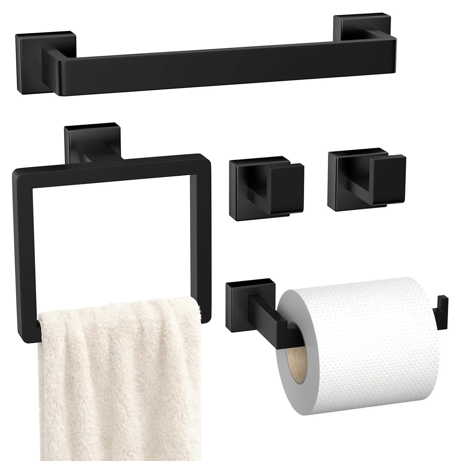 5-Piece Contemporary SUS304 Stainless Steel Bathroom Hardware Accessories Set - Matte Black Wall-Mounted Towel Bar Set with Clean and Tidy Design, Durability for Bathroom, Outdoor Showers  ,Robe hook
