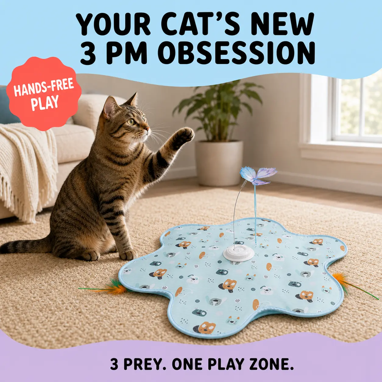 OmniPets Automatic Cat Toy For Indoor Cats 3 Way Interactive Hide And Seek Mat With 2 Moving Feather Wands Chirping Butterfly 3 Play Modes USB C Rechargeable For Kittens Apartment Solo Play Seek cat toy