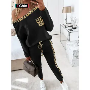 Women's fashion asymmetrical collar leopard print long sleeved top and waistband long pants set, casual seasonal wear, home and sportsRAIMENTRY