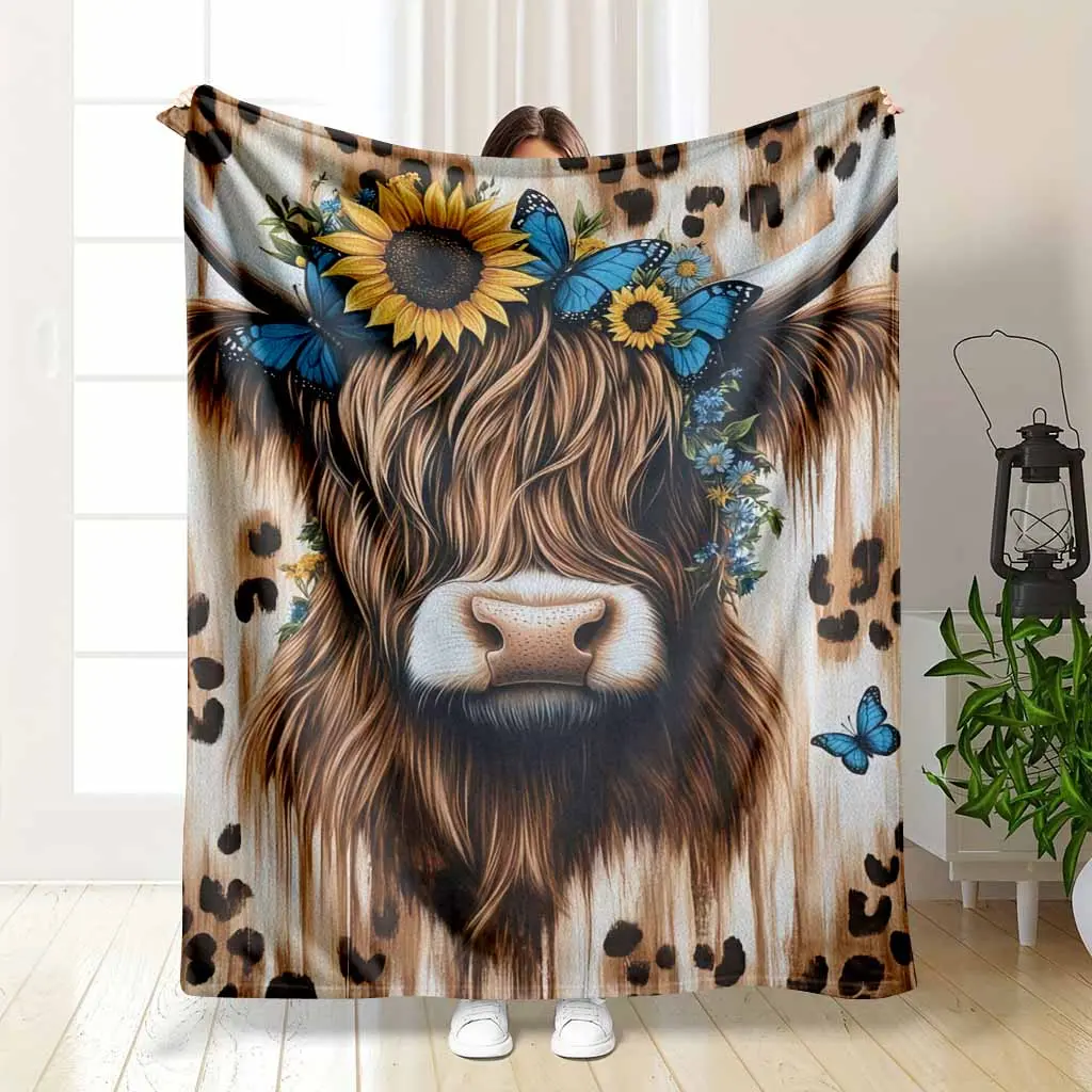 Highland Cow Flannel Blanket Sunflower and Blue Butterfly Leopard Print Cozy Soft Plush Warm Decorative Throw for Sofa Bedroom Living Room Travel Camping Gift