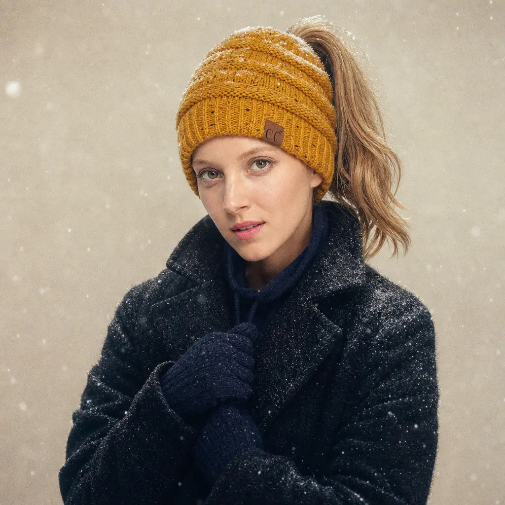 C.C Ribbed Confetti Knit Beanie Tail Hat for Women - Playfully Textured and Stylishly Versatile Winter Headwear casual knit casual warm beanie