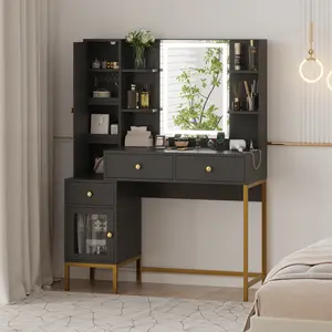 Vanity Desk with Mirror and Lights, Makeup Vanity, Jewelry Storage, Cabinet, Drawers, LED Lighting, Charging Station, Modern Makeup Desk, Black Vanity, Bedroom Vanity
