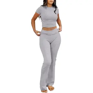 ANRABESS Women's 2 Piece Lounge Sets Fold-over Flare Pants Set Shorts Sleeve Y2K Cropped Top Casual Matching Outfits Pajamas Loungewear ANRABESS Women's 2 Piece Lounge Sets Fold-over Flare Pants Set Shorts Sleeve Y2K Cropped Top Casual Matching Outfits Pajamas Loungewear