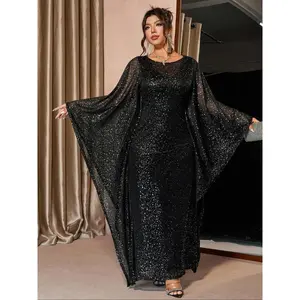 Plus Size Women's Round Neck Batwing Sleeve Sequin Long Dress, Elegant Party Gown, Mixed Fabric Evening Prom Carpet Dress