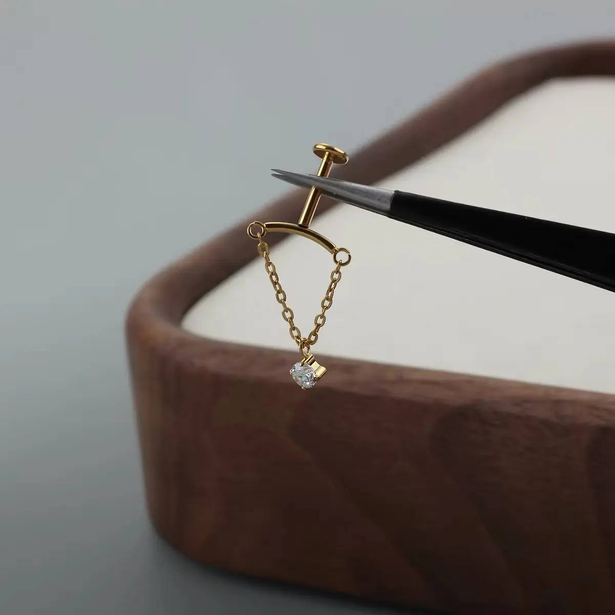 Vertical Helix Cartilage Earring, Titanium Alloy Flat Back Chain Drop Stud with 3mm CZ Dangle, Gold and Silver birthday valentine anniversary gift