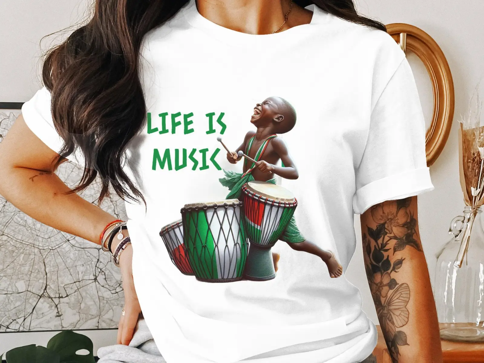 African Drummer Art T-Shirt, Nigerian Vibrant Musician Illustration Tee, Cultural Drumming Design, Unique Artistic Graphic Shirt
