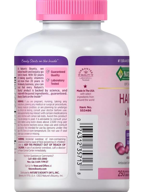 "Glow naturally with Nature's Bounty Hair, Skin & Nails – 5,000 mcg Biotin in 250 softgels for radiant beauty!"