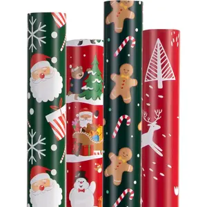 Christmas Wrapping Paper for Gifts (4 Rolls: 93 sq. ft. ttl) Funny Candy Cane Santas, Reindeer, Christmas Tree, Snowflakes - 17 inches x 16.5  Per Roll