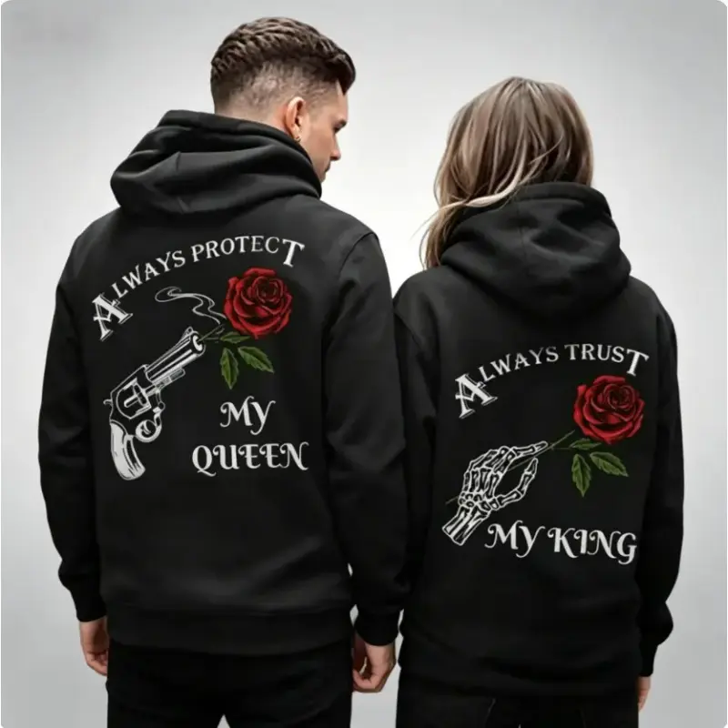 My Queen My King Matching Couple Hoodie / Sweatshirt / T-Shirt| Trendy Fall Streetwear for Couples – Stylish 100% Cotton Pullover, Cozy Outdoor Casual Outfit, Perfect Valentine’s & Anniversary Gift for Him & Her, Romantic Autumn Fashion Cute Clothes Soft