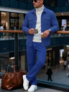 Men's Spring & Fall New Waffle Long Sleeve Pants Set, Relaxed Fit, Soft Comfortable Fabric, Plain Color Dual Pocket Casual Workwear Button Shirt Suit