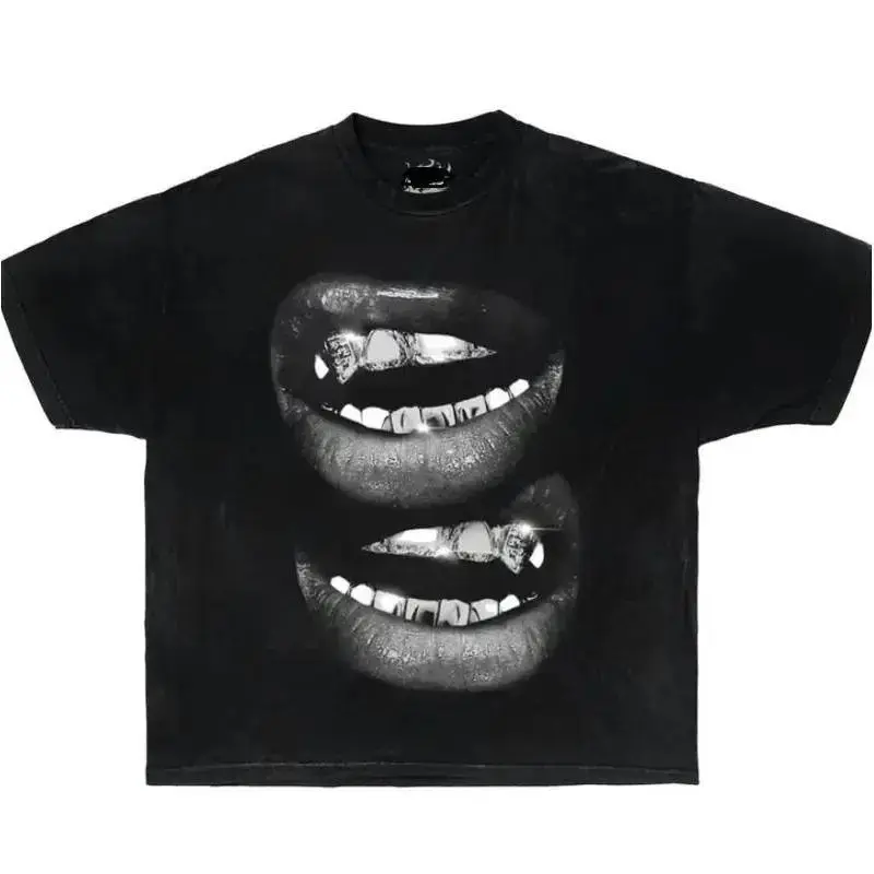 Men's Unisex Gold Tooth Lips Graphic T-Shirt - Oversized Grunge Streetwear Top, 100% Soft Cotton, Casual Crew Neck Short Sleeve, Lightweight True-to-Size Everyday Tee, Round