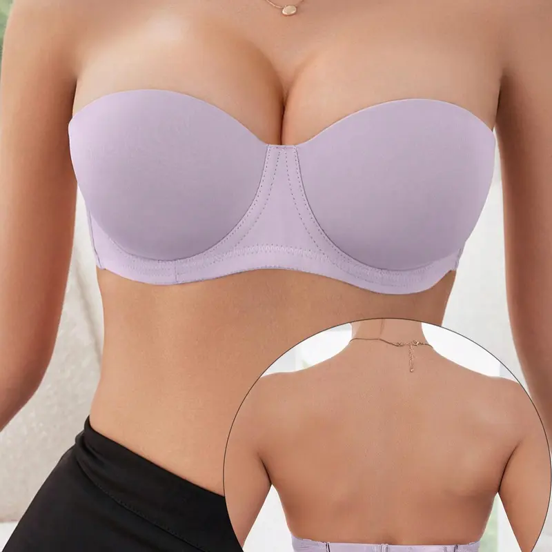 Women's Plain Backless Wireless Padded Strapless Seamless Bra, Medium Support, Fitted Design, Suitable for All Seasons, Wearable Outdoors, Lined Wireless Bras