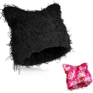 Distressed Knitted Cat Beanie Y2K Hat for Women and Men Vintage Crochet Slouchy Winter Warm Cat Ear Hat for Outdoor Wear