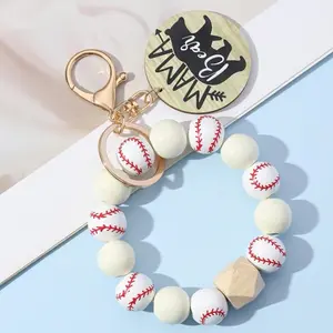 Wooden Sport Beads Keychain Baseball Basektball Bracelet Keyring for Women