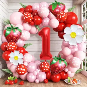 172pcs Strawberry Balloon Arch Kit with Red Pink & Foil Strawberry Daisy Balloons for Party Decor