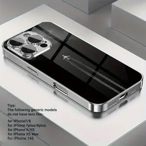 Simple black and white design with cloud and airplane contrail pattern, skin-friendly feel, glass texture, electroplated silver glass phone case, suitable for iPhone 17, 16, 15, 14, 13, 12, 11, Samsung and other series models