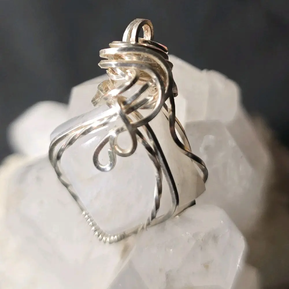Rainbow Moonstone Pendant Elegantly Wrapped in Silver Wire Comes with Small Charm for Stylish Jewelry