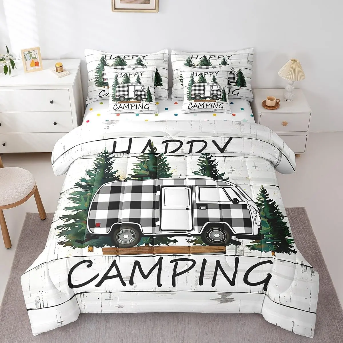 Feelyou 7-Pieces Lattice Cottage Bedding Comforter Set, Travel-Friendly Bed-in-a-Bag for Camping, Lodge Cabin Camper Use, Bed Sheets Set, Microfiber Bedding Set