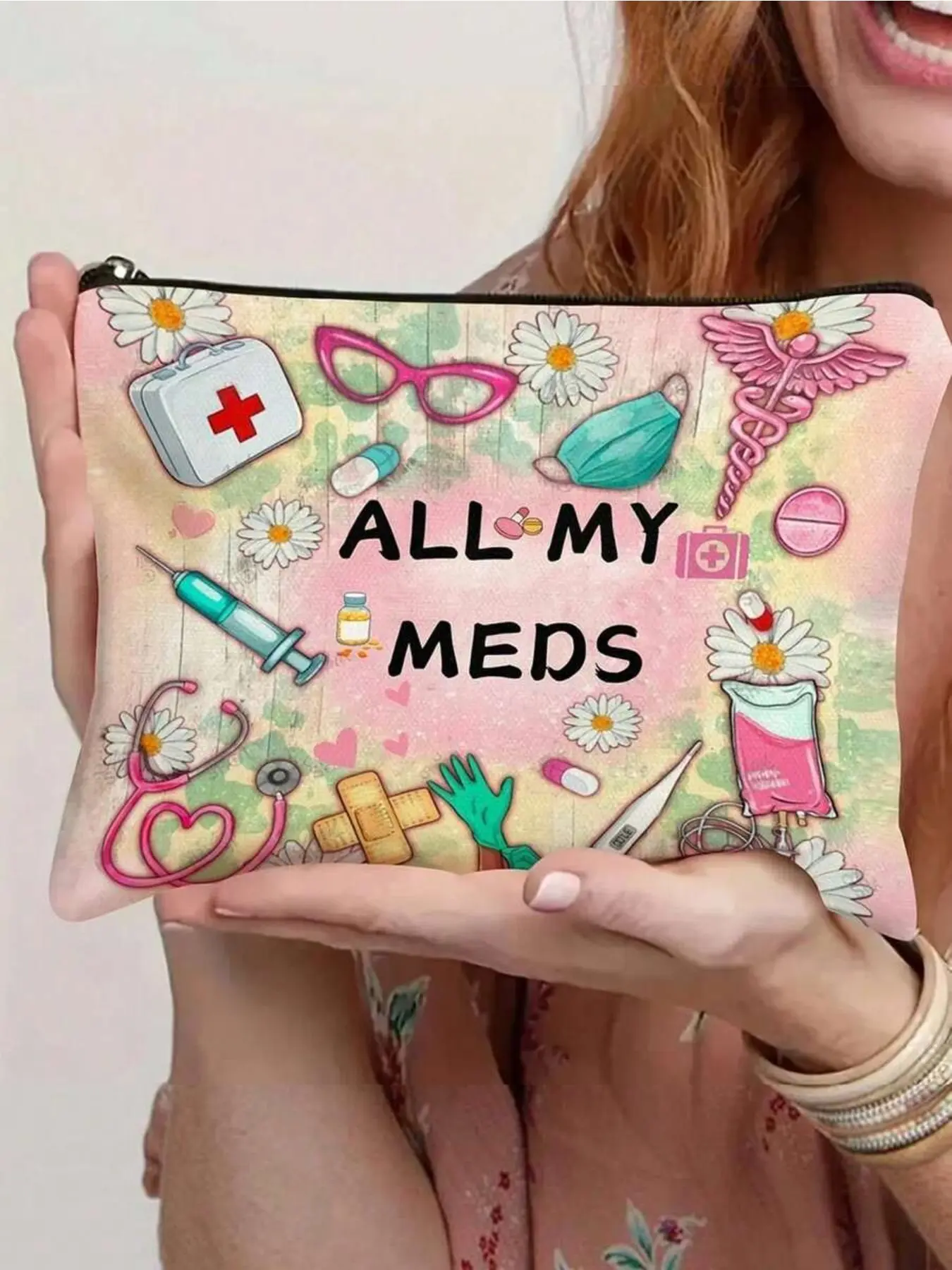 Canvas medicine storage bag with pink pill box, colorful design, Cosmetic organizer pouch. Portable for storing meds, cosmetics and travel essentials. Stylish canvas organizer, perfect for personal use and gifting to family and friends