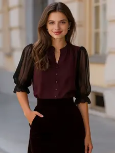 Elegant Chic burgundy V-neck blouse for women, sheer mesh puff sleeve button-down shirt with vintage ruffle cuffs, versatile for office, home, indoor and outdoor wear