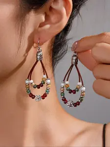 Boho Style Beaded & Flower Design Dangle Earrings, Vintage Trendy Double Layer Rope Earrings, Fashionable Jewelry for Women & Men