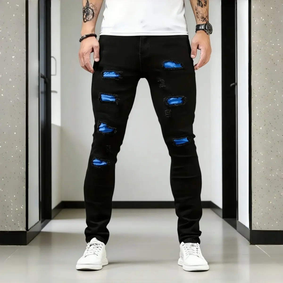 Distressed Black Skinny Pants, Blue Insert Design Trousers for Urban Fashion