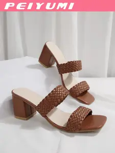 Women's Vintage Elegant Classy Wine PU Leather Sandals, Woven Chunky Heel Slippers, Metal Buckle Square Toe Slip-Ons, Summer Commute Date Shoes