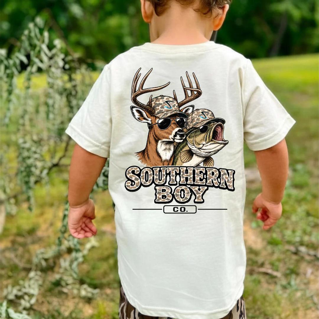 Southern Sportsman Duo Boy’s Short Sleeve Shirt, Back Side Tee, Southern Clothing, Trending Summer T-Shirt, Vintage Camo Youth Shirt, Youth Shirt